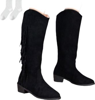 Generic Womens Mid-Calf Boots with Fringes, Slip-On Slouch Boots in A Suede Look with A Low Heel, Comfortable Winter Boots with A Pointed Toe for Autumn And W