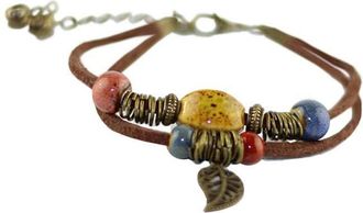 Generic Women s Handmade Ceramic Bead Braided Leather Bracelet Leaf Pendant Boho Style Jewelry Clever Multicoloured
