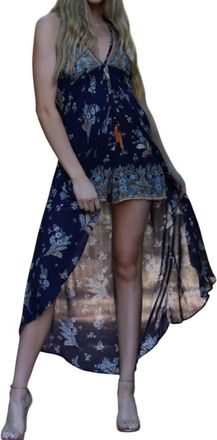 Angie Spaghetti Strap Halter Maxi Romper In Blue