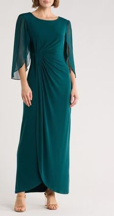 Connected Cape Sleeve Faux Wrap Gown in Deep Spruce at Nordstrom Rack, Size 12