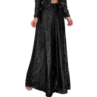 Generic 2025 Trousers Women Solid Casual Sequin Pocket Wide Leg Pants Zipper Loose Pants (Black, XL)