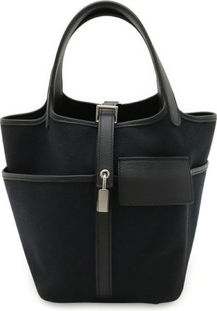 Herm&egrave;s Black Swift Leather Cotton Canvas Handbag Tote Bag (Pre-Owned)