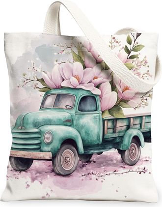Generic Spring Magnolia Truck Flower Canvas Tote Bag for Shopping 13x15, Farmhouse Floral Scenic Reusable Grocery Print Bag for Women Men, Garden Aesthetic Pa