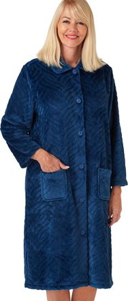 Marlon Womens Sabrina Button Through Embossed Fleece Dressing Gown - Soft & Cosy Housecoat With Pockets, Ocean Blue, 8-10