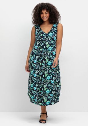 Sheego Jerseykleid SHEEGO Jerseykleid, Damen, Gr. 50, Normalgr&ouml;ssen, blau (tiefblau, gemustert), Jersey, 95% Viskose, 5% Elasthan, bedruckt, gebl&uuml;mt, gemuste