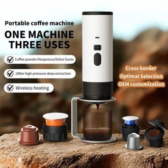 OEM Cafetera Port&aacute;til 3 En 1, Blanca - Recargable Y Port&aacute;til - Cafetera De C&aacute;psulas De 12 V - Mayor Capacidad - Fabricada Con Cnc - Para Caf&eacute; Molido Y C&aacute;p