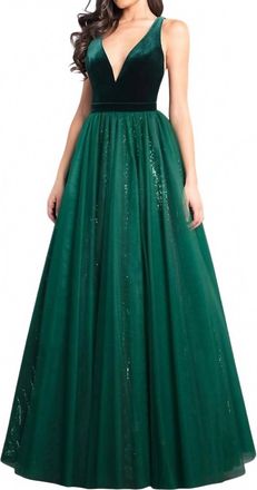 Rachel Allan Velvet V Neck A-Line Prom Gown In Hunter Green