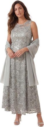 Roaman's Plus-Size Allover Lace Embellished Shawl Gown in Silver Shimmer at Nordstrom, Size 24