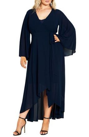 City Chic Fleetwood Long Sleeve Chiffon Wrap Dress in True Navy at Nordstrom Rack, Size Xs/14W