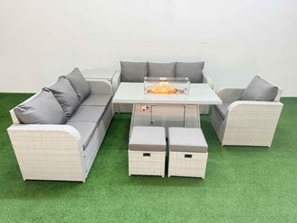 Fimous 9 Seater Poly Rattan Outdoor Garden Furniture Firepit Dining Table Sofa Set Patio 3 Seater Sofa Reclining Chair 3 Seater Sofa Stools Side