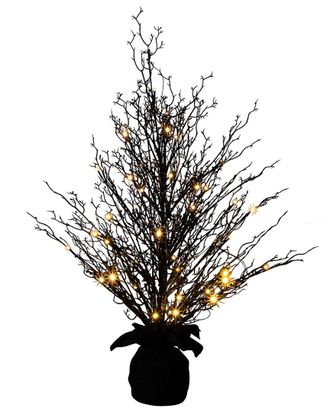 Nearly Natural 3Ft Pre-Lit Halloween Black Twig Artificial Fall Tree In Burlap Planter With 52 Warm White Led Lights