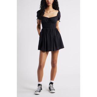 BP. Puff Sleeve Smocked Waist Cotton Sundress in Black at Nordstrom Rack, Size Medium