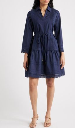 Julia Jordan Lace Trim Tie Waist Long Sleeve Dress in Navy at Nordstrom, Size X-Small