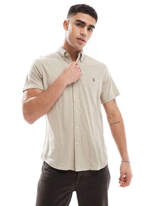 Polo Ralph Lauren Camicia a maniche corte in piqu&eacute; beige m&eacute;lange con logo-Neutro