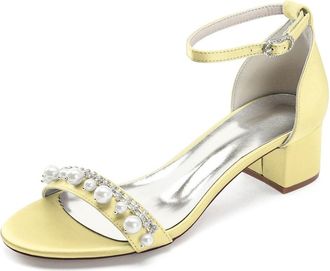 Generic Wedding Shoes Womens Low Heel Bridal Shoes Open Toe Block Heels Bridal Evening Party Dress Shoes 4.5Cm,Yellow,10 UK