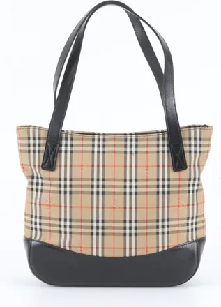 Burberry Beige Black Leather Canvas Handbag Shoulder Bag Tote Bag (Pre-Owned)