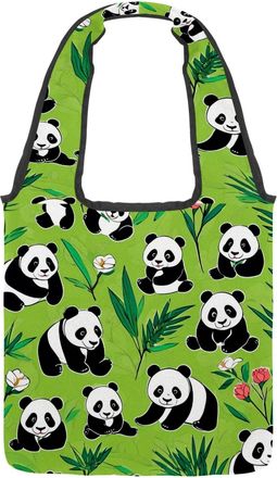 Generic Cute Panda on Green Reversible Canvas Shoulder Tote - Double-Sided Print, 12oz Cotton, 27cm Drop, Fold-Flat Bag for Travel, Shopping, Street Outings