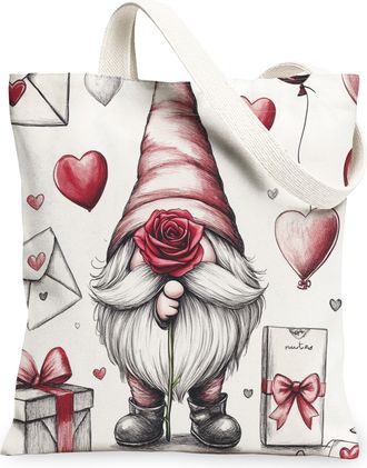 Generic Funky Groovy Valentines Day Gnome Canvas Tote Bag for Shopping 13x15, Vintage Romantic Love Reusable Grocery Print Pattern Bag for Women, Couple Lover