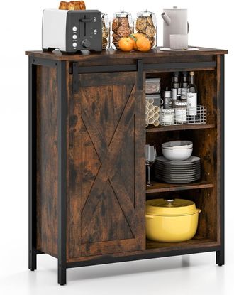 Costway Costway - Aparador, Mueble De Almacenamiento Con Estantes Ajustables De 3 Niveles, Puerta Corredera De Granero, Armario De Cocina R&uacute;stico De 30 X 70 X