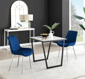 Furniturebox Carson White Marble Effect Square Dining Table & 2 Velvet Pesaro Silver Leg Chairs in Navy