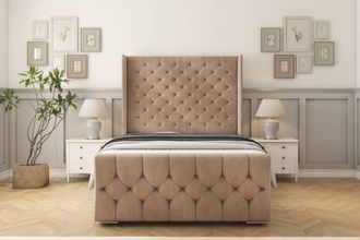Sloomy Luthor Naples Frame-Mattress - 50 Upholstered Wingback Headboard in Light Brown | Size: Double