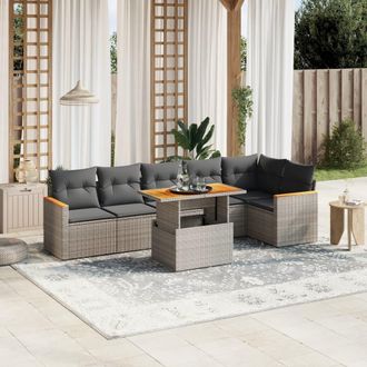 vidaXL Vidaxl - Set De Sof&aacute;s De Jard&iacute;n 7 Piezas Con Cojines Rat&aacute;n Pe Gris