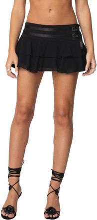 Edikted Double Belt Ruffled Chiffon Miniskirt in Black at Nordstrom, Size X-Small
