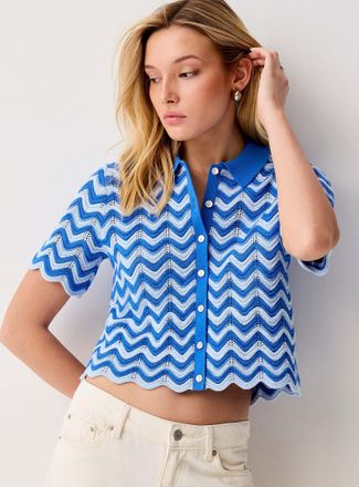 Icone Womens Waves and openwork Polo Shirt collar cropped cardigan
