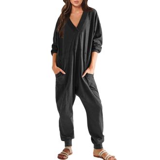 Generic Womens Overall Cozy Oversized Jumpsuit Long Sleeve Loose V-Neck House Suit Onesie Pyjama Set Loose Nightdresses Casual One-Piece Playsuit Romper Leisu