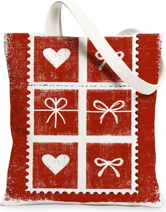Generic Holiday Hearts Canvas Tote Bag, Festive Gift Pattern Reusable Grocery Bags, Winter Rustic Lightweight Washable Shoulder Str, Red, 13x15 Inch
