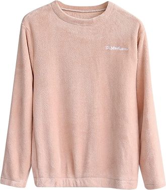 Generic Flannel Pyjamas Tops for Women Fleece Warm Sweatshirt Fluffy Sherpa Winter Pjs Pink Long Sleeve Tops Thickened Plushed Loungewear jumper Teddy Nightwe