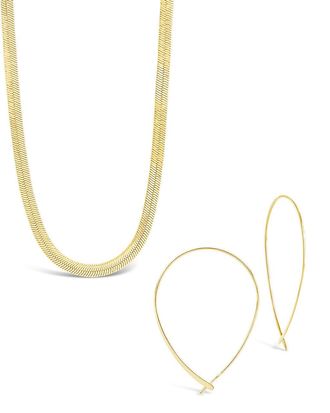 Sterling Forever Delicate Threader Hoop Earrings & Herringbone Chain Necklace Set