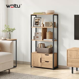 Woltu Woltu - Estanter&iacute;a Independiente De Pie Para Libros Estante Alto Estante Industrial Con Armario Y Cajones Estante De Escalera De Flores De Mdf Y Metal