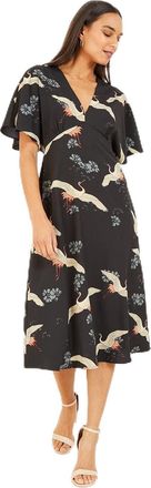 Yumi Black Crane Print Kimono Midi Dress (UK, Numeric, 16, Regular, Regular, Black)