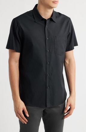 Nordstrom Solid Short Sleeve Stretch Button-Up Shirt in Black at Nordstrom, Size Medium