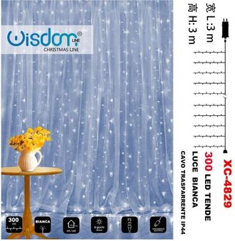 Trade Shop Trade Shop - Tenda Luminosa Natalizia 300led Luce Bianca Cavo Trasparente 8giochi Luce Xc4829