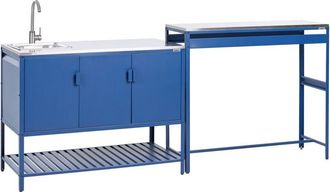 Beliani Outdoor Kitchen Cabinet Blue Stainless Steel 3 Door Unit with Top Garden Kitchen Dining MAENZA