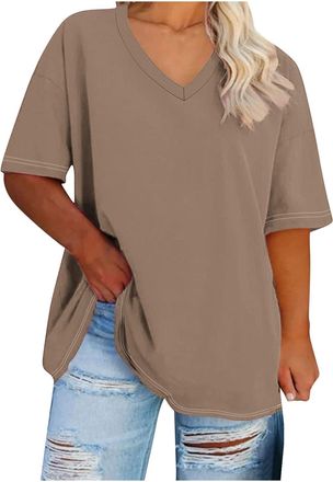 Generic Oversized T Shirts for Women UK Plain Short Sleeve Plus Size Tops Summer Solid Color Tunic Tops Casual Baggy Cotton Tshirts Loose V Neck Tee Shirts La