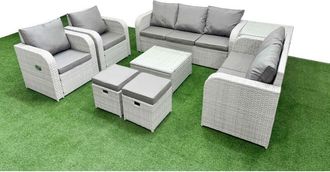 Fimous Pe Rattan Garden Furniture Set Adjustable Chair Sofa Double Love Seat 2 Seater Sofa Lounge Set Square Coffee Table 2 Side Table Light Grey - Fimous