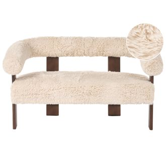 Beliani Sof&aacute; 2 Plazas Retro Sal&oacute;n Tapizado De Pelo Sint&eacute;tico Patas De Madera Blanco Crema Y Marr&oacute;n Oscuro Ilbro