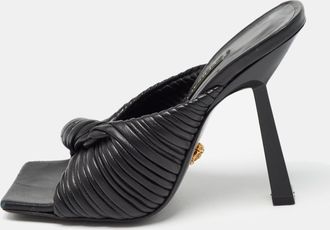 Versace Black Leather Plisse Slide Sandals
