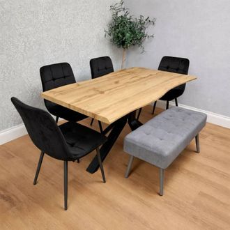 Kosy Koala Wood Dining Set with Velvet Chairs & Grey Velvet Bench in Black