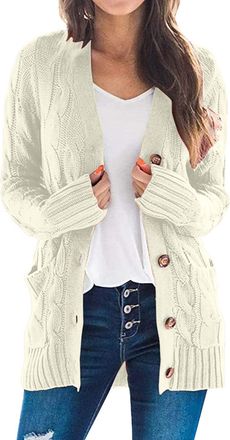Generic Long Cardigans for Women Chunky Knit Button Down Cardigan Sweater with Pockets Casual Long Sleeve Open Front Coat Fall Womens Cardigan Sweaters (Beige