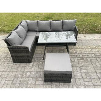 Fimous Rattan Garden Furniture Corner Sofa Set with Oblong Dining Table Big Footstool Outdoor Wicker Rattan Set Dark Grey Mixed - Fimous
