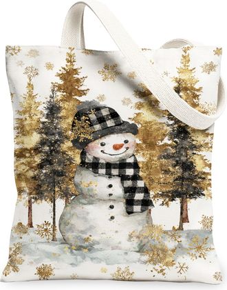 Generic Winter Snow Man Canvas Tote Bags, Vintage Art Print Lightweight Washable Reusable Grocery Bags for Holiday Shopping Travel, White, 13x15 Inch