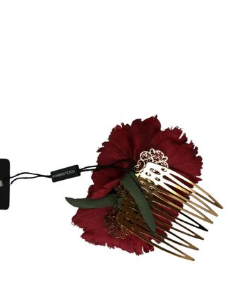 Dolce & Gabbana Red Silk Floral Gold Brass Women Hair Comb Accessory
