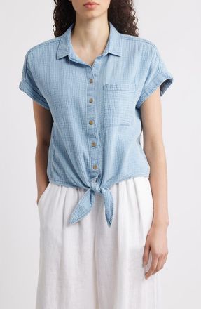 Beach Lunch Lounge Rosalia Tie Front Cotton Top in Blue Acid Wash at Nordstrom, Size Medium