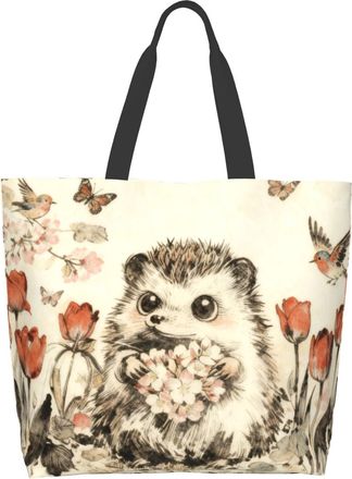 Generic Hedgehog Flowers Shopper Bag Handle Grocery Bag Foldable Shopping Bags For Daily Use Work Beach