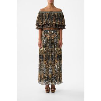 Camilla Off Shoulder Short Sleeve Pleated Top in Feline Folklore at Nordstrom, Size X-Large Au