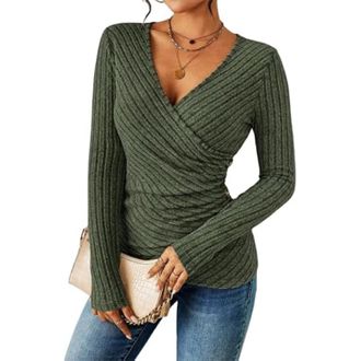 Generic Womens Casual Long-Sleeved Sexy V-Neck Wrap-Up Top, Autumn Ribbed Knit Slim Fit Pullover. (Army Green,XXL)